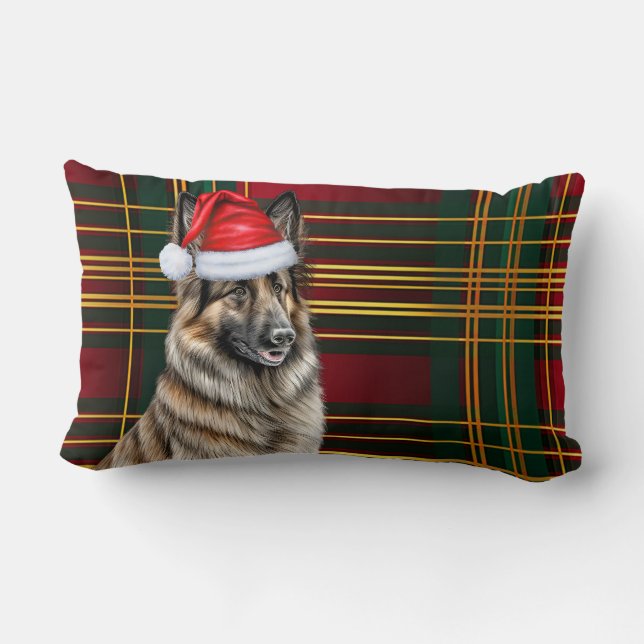 Christmas Belgian Tervuren Dog Holiday Plaid Lumbar Pillow (Back)