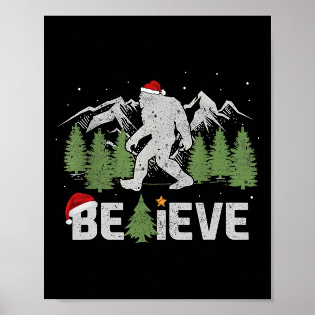 Christmas Believe Bigfoot Funny Xmas Tree For Mens Poster (Front)