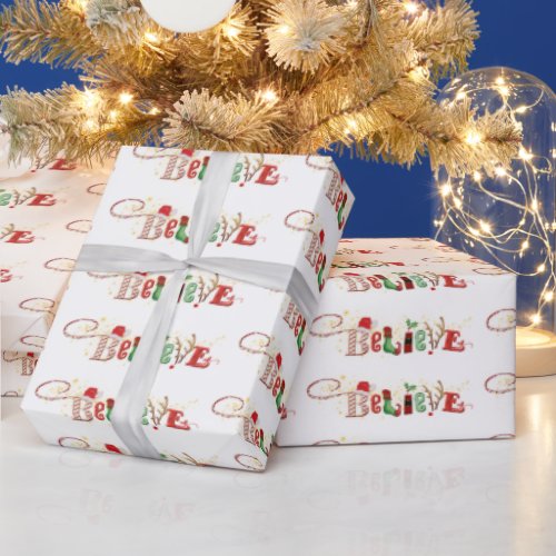 Christmas BELIEVE Cute Santa Typography Wrapping Paper