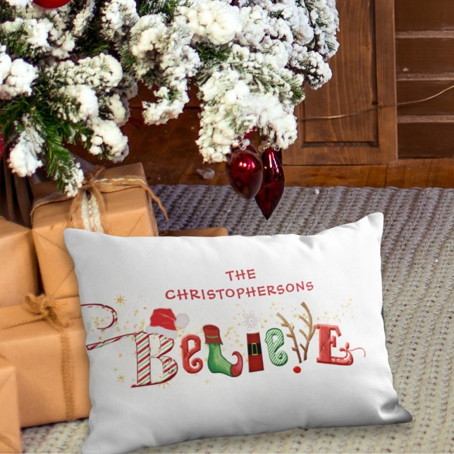 Christmas BELIEVE Family Name Nostalgic Icons Lumbar Pillow (Creator Uploaded)