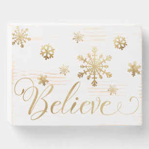 Christmas Believe Gold White Snowflakes Wooden Box Sign