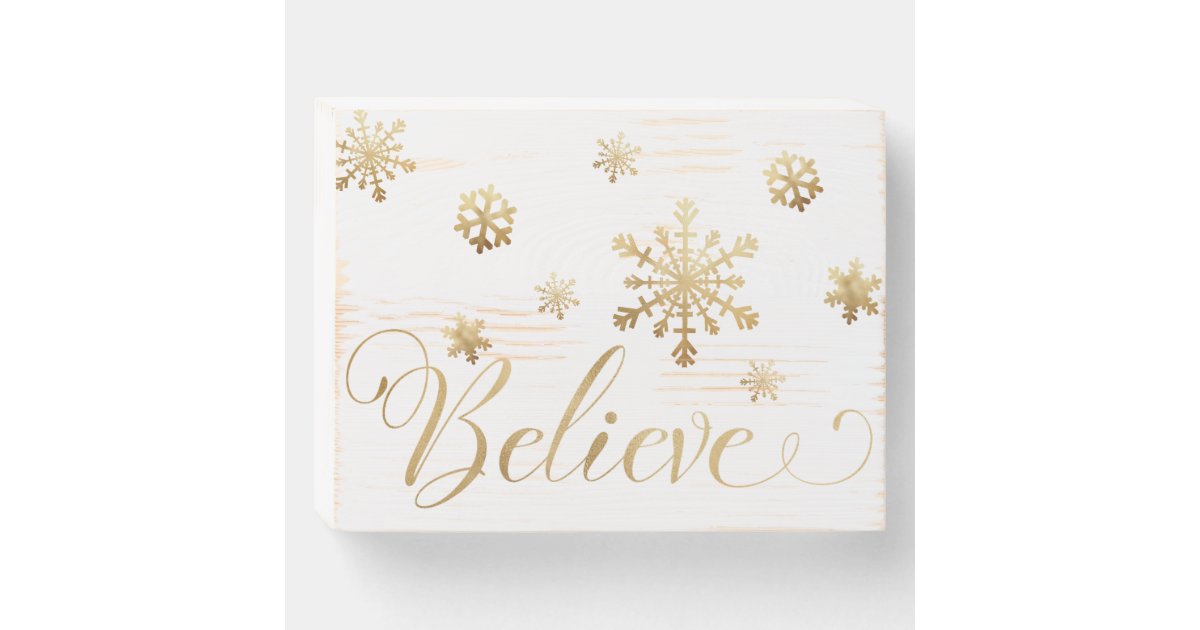 Christmas Believe Gold White Snowflakes Wooden Box Sign | Zazzle