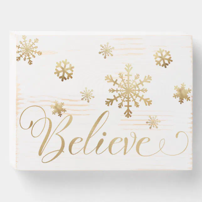Christmas Believe Gold White Snowflakes Wooden Box Sign | Zazzle