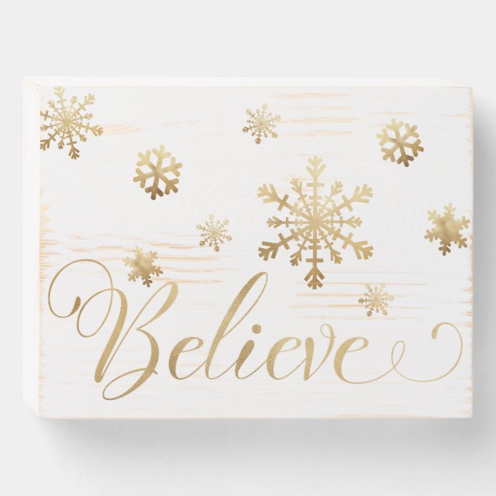 Christmas Believe Gold White Snowflakes Wooden Box Sign | Zazzle.com