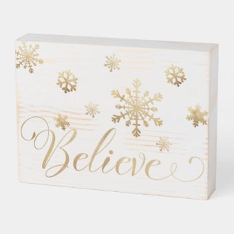 Christmas Believe Gold White Snowflakes Wooden Box Sign | Zazzle