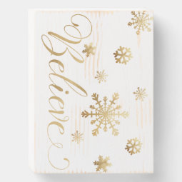 Christmas Believe Gold White Snowflakes Wooden Box Sign | Zazzle