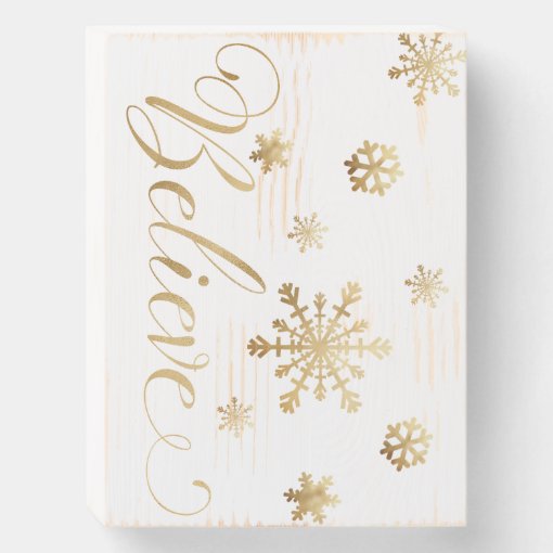 Christmas Believe Gold White Snowflakes Wooden Box Sign | Zazzle