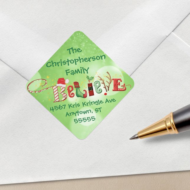 Christmas BELIEVE Green Bokeh Return Address Square Sticker (Creator Uploaded)
