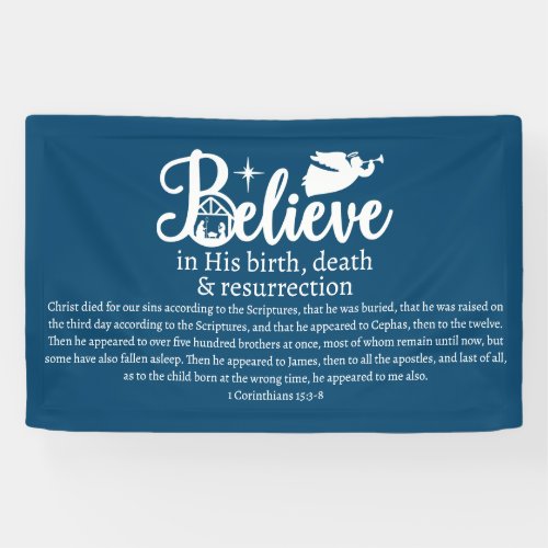 Christmas Believe In Jesus Nativity Blue White Banner