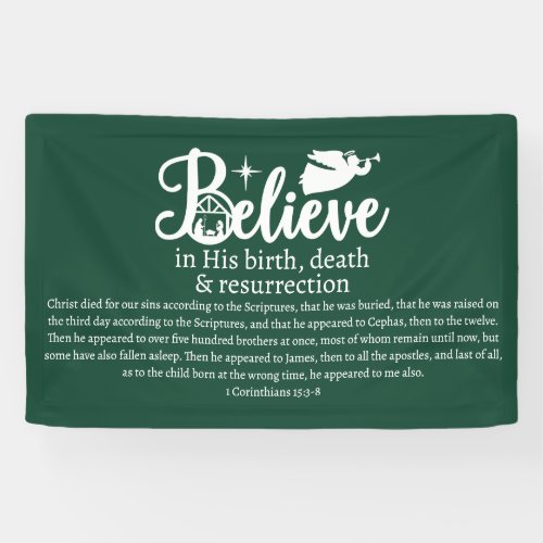 Christmas Believe In Jesus Nativity Green White Banner