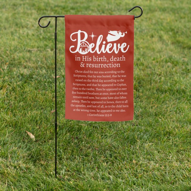 Christmas Believe In Jesus Nativity Red Garden Flag (In SItu)