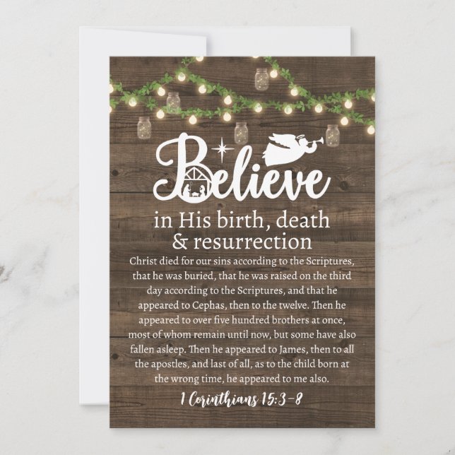 Christmas Believe Jesus Nativity Rustic Wood Holiday Card (Front)