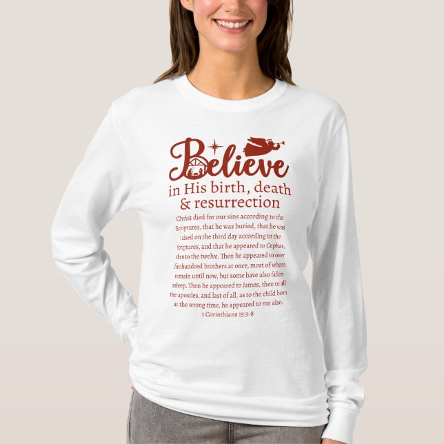Christmas Believe Jesus Nativity White Red Script T-Shirt (Front)