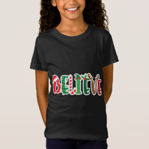 Christmas Believe Lights Santa Hat Candy Cane Elf T-Shirt