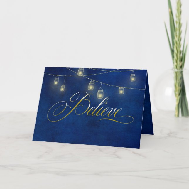 Christmas believe on blue with jar lights card (Front)