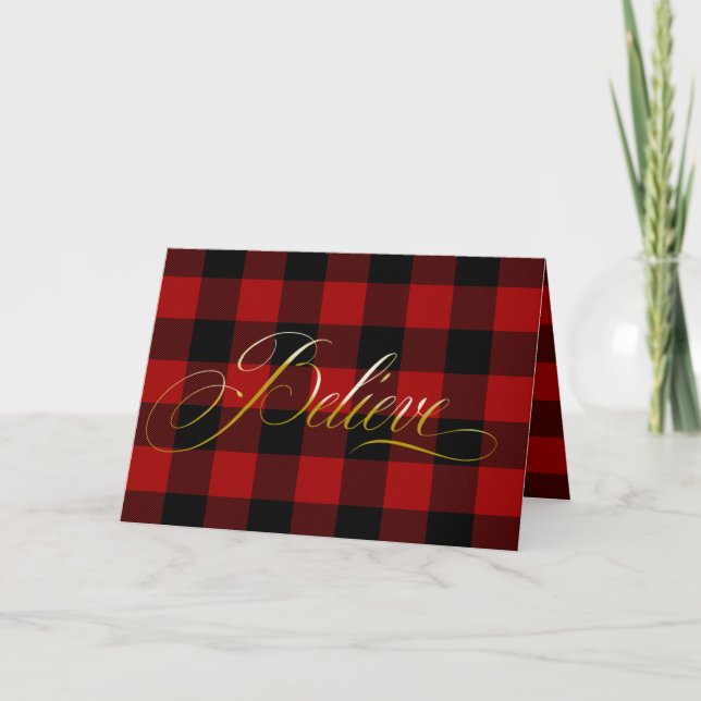 Christmas Believe On Plaid Holiday Card (Front)
