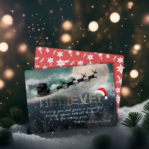 Christmas BELIEVE Reindeer Sleigh Holiday Greeting