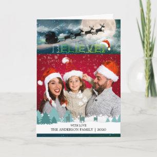 Christmas BELIEVE Reindeer Sleigh Santa Hat Photo Holiday Card