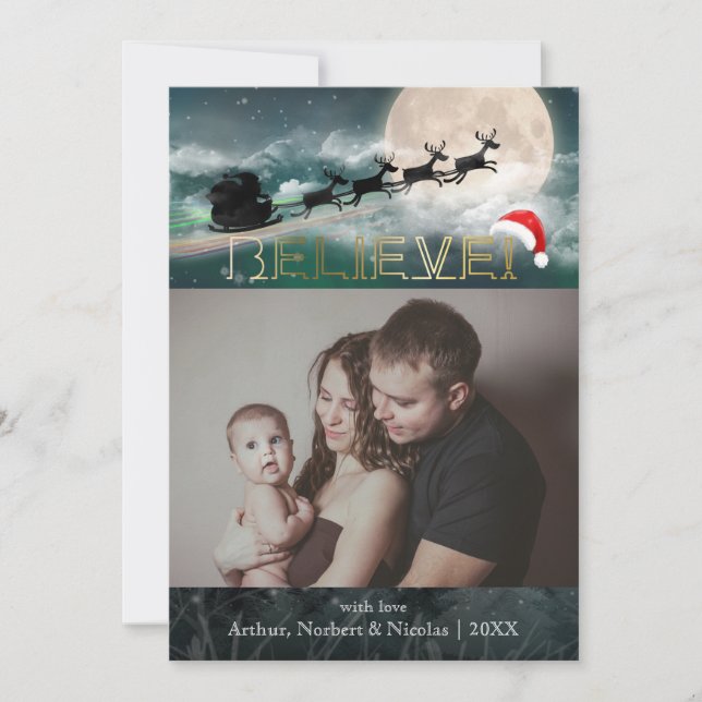Christmas BELIEVE Reindeer Sleigh Santa Hat Photo Holiday Card (Front)