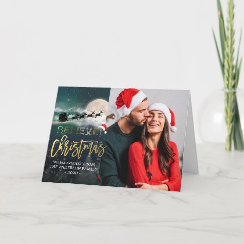 Christmas BELIEVE Reindeer Sleigh Santa Hat Photo Holiday Card