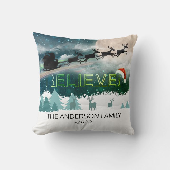 Christmas BELIEVE Reindeer Sleigh Santa Hat Photo Throw Pillow (Front)