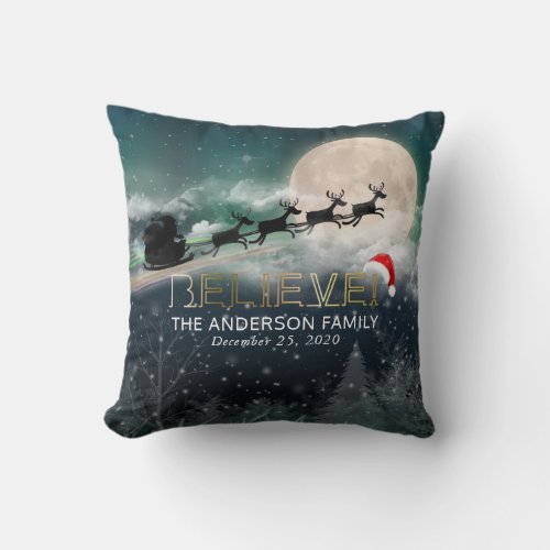 Christmas BELIEVE Reindeer Sleigh Santa Hat Photo Throw Pillow