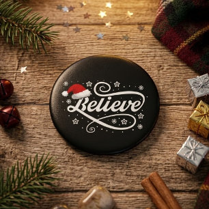 Christmas Believe Santa Claus - Santa Hat Black Button