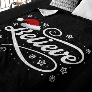 Christmas Believe Santa Claus - Santa Hat Black Fleece Blanket