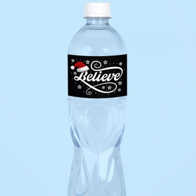 Christmas Believe Santa Claus - Santa Hat Black Water Bottle Label (Creator Uploaded)