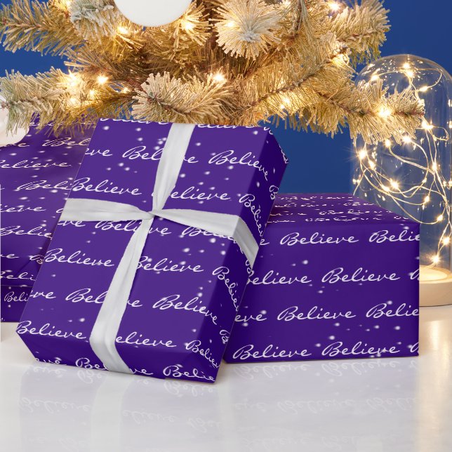 Christmas Believe Text and Snowflakes Wrapping Pap Wrapping Paper (Holidays)