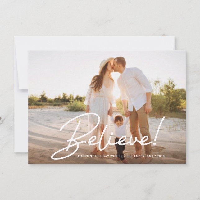 Christmas Believe Trendy Handwritten Script Photo Holiday Card (Front)