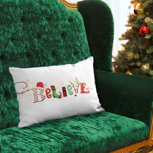 Christmas BELIEVE Typography Nostalgic Icons Lumbar Pillow