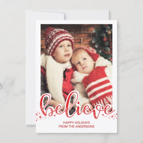 Christmas Believe Whimsical Hand Script Photo Holiday Card