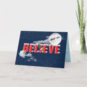 Christmas BELIEVE with Santa in sleigh on moon Card