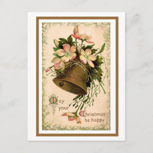 Christmas Bell and Wild Roses, Vintage Postcard