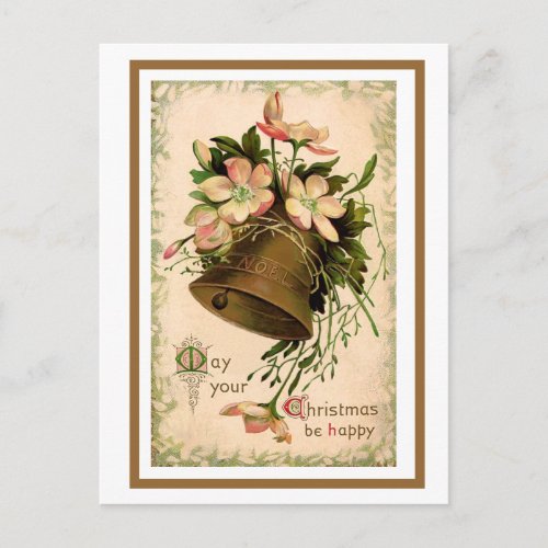 Christmas Bell and Wild Roses Vintage Postcard