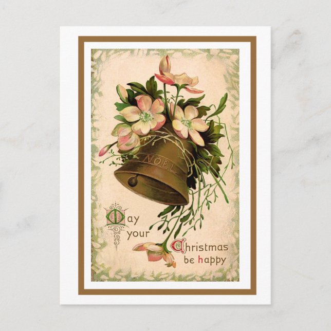 Christmas Bell and Wild Roses, Vintage Postcard (Front)