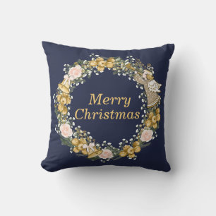 Christmas Bell, Angel, Pink Roses, White Flower Throw Pillow