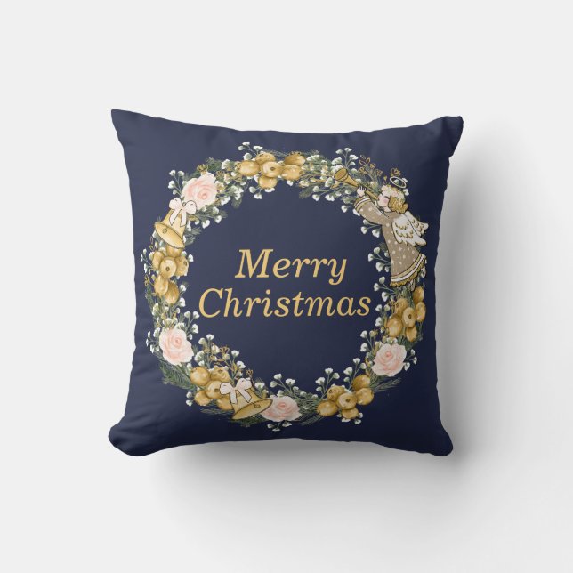 Christmas Bell, Angel, Pink Roses, White Flower Throw Pillow (Front)