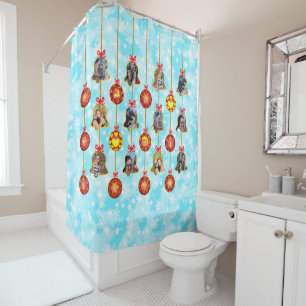 Christmas Bell & Ball Ornaments 6 Photos L-Blue Shower Curtain