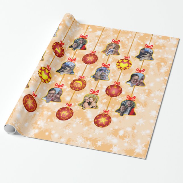 Christmas Bell & Ball Ornaments 6 Photos L-Peach Wrapping Paper (Unrolled)