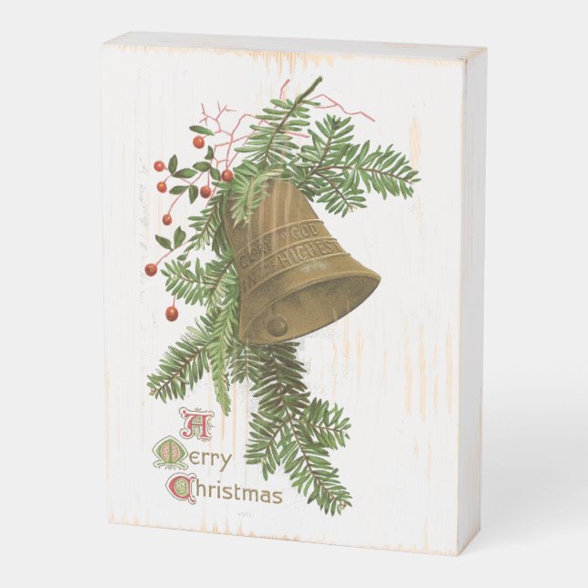 Christmas Bell Evergreen Vintage Holiday Wooden Box Sign (Angled Vertical)