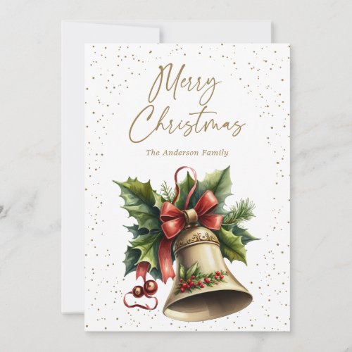 Christmas Bell Holly Snowy Christmas Card