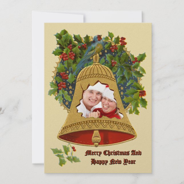 Christmas Bell & Holly Wreath Berries Border Photo Holiday Card (Front)