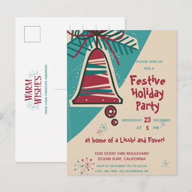 Christmas bell mid century modern invitation postcard (Front/Back)