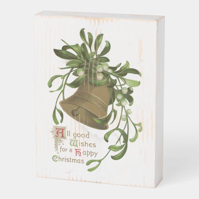 Christmas Bell Mistletoe Vintage Holiday  Wooden Box Sign (Angled Vertical)
