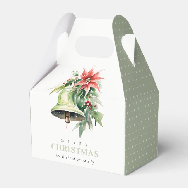 Christmas Bell Pine Poinsettia Foliage Watercolor Favor Boxes (Front Side)