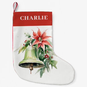 Christmas Bell Pine Poinsettia Foliage Watercolor Small Christmas Stocking