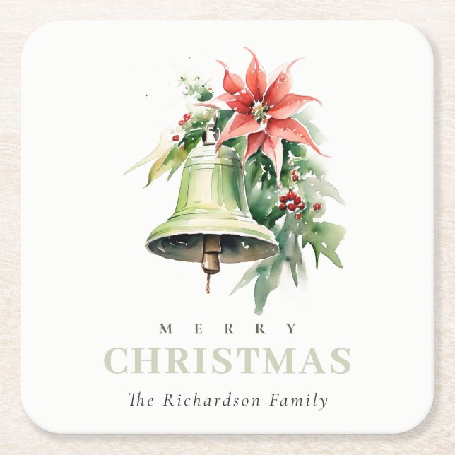 Christmas Bell Pine Poinsettia Foliage Watercolor Square Paper Coaster (Front)