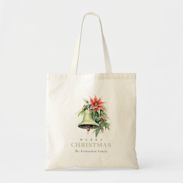 Christmas Bell Pine Poinsettia Foliage Watercolor Tote Bag (Front)